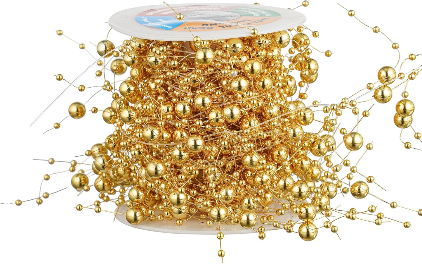 13Feet Pearl String Spool Roll for Floating Candles Faux Pearls Strands Garland for Vase Filler Wedding Centerpiece Christmas Table Decor (Gold)