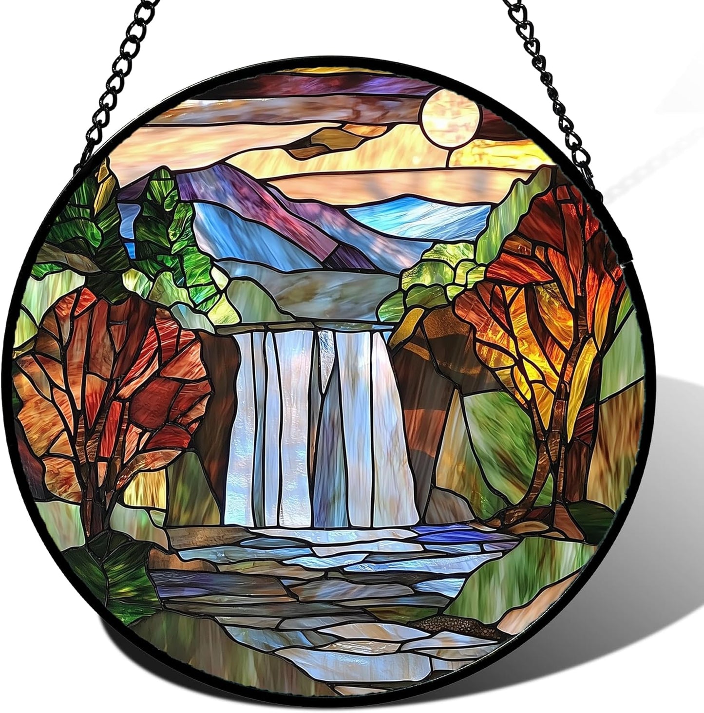 Stained Glass Window Hanging, Abstract Landscape Waterfall Mountains Trees Suncatcher for Doors Window Home Sun Catchers Decor Mother's Day Birthday Gifts for Women Men Mom 11.8 in