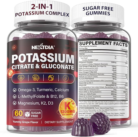 Potassium Citrate and Potassium Gluconate Supplement, 1200mg Two Forms of Potassium Gummies, w/Magnesium, Omega-3, Calcium, Vitamin D3 K2 B12 E B6, Folate for Muscles, Nerves, Health Bones, 60Cts