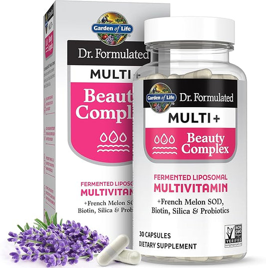 Garden of Life Dr Formulated Multi+ Beauty Complex Fermented Liposomal Multivitamin Plus Hair Skin and Nails Vitamins, French Melon SOD, Biotin & Probiotics, 30 Capsules, Supplement for Women & Men