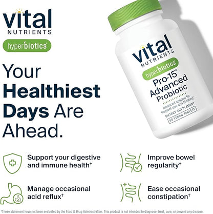 Hyperbiotics Vital Nutrients Pro-15 Advanced Probiotics for Women and Men | 15 Strains + Kiwifruit | Clinically Studied Daily Probiotics for Digestive Health, Gas, & Bloating | 60 Vegan Tablets