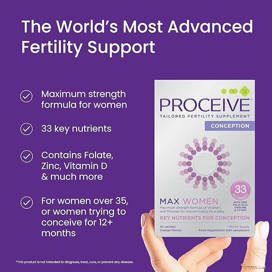 Proceive Tailored Fertility Supplement for Her, Max Women - Womens Pre-Conception Vitamins, Minerals & Amnio Acids for Pre Pregnancy Support - Folic Acid, Vitamin D & Zinc - 30 Sachets, Orange Flavor