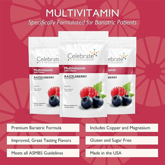 Celebrate Vitamins Bariatric Multivitamin Soft Chews - Essential Vitamins & Minerals, Sugar & Gluten Free - Gastric Bypass & Sleeve Gastrectomy Supplement - Berry (180ct)