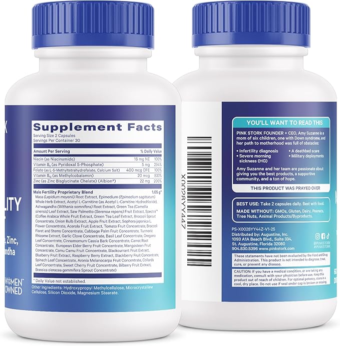Blue Stork Fertility Supplements for Men - Supports Conception for Him - Male Prenatal Vitamins with Maca Root, Ashwagandha, Folate, B12 - Sperm Heath, Drive, Motility - 60 Capsules