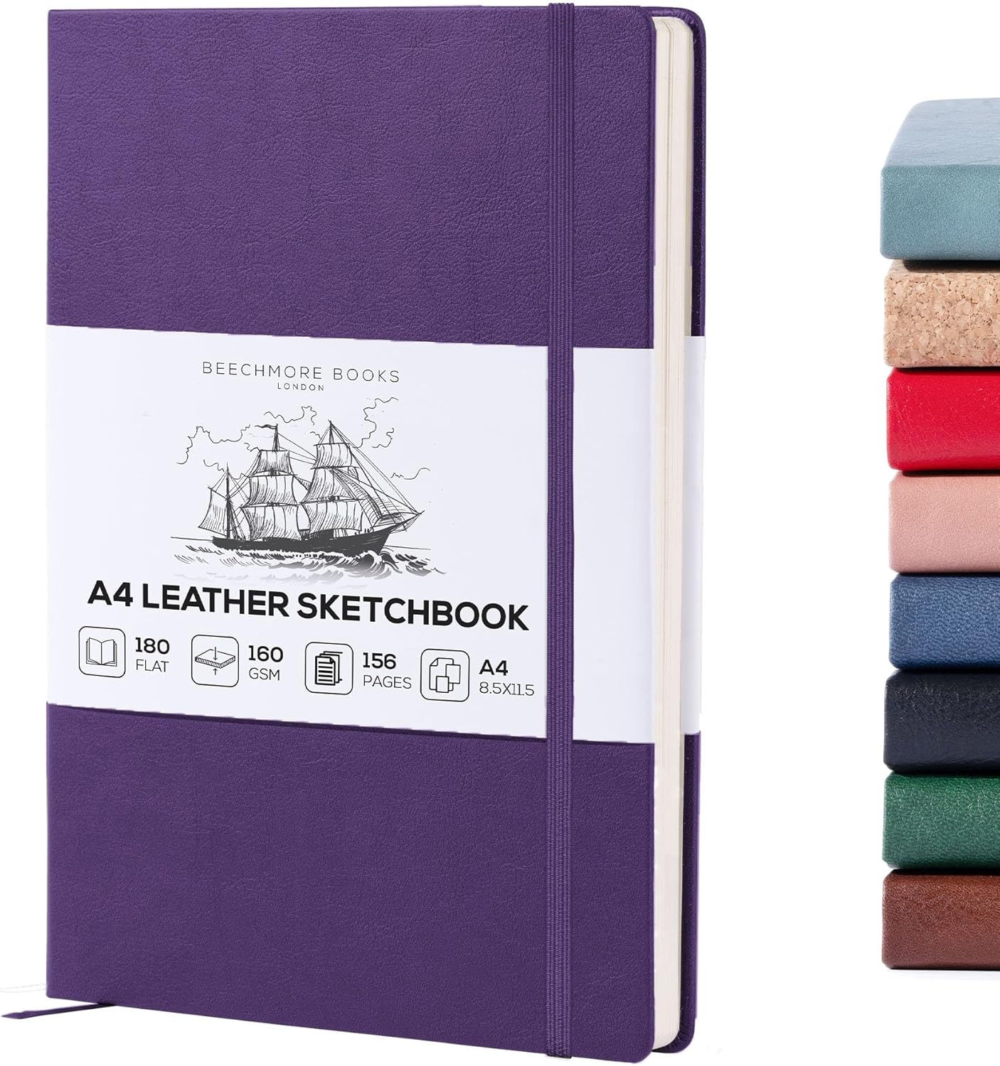 Beechmore Books A4 Sketchbook – 8.5x11 Premium Vegan Leather Bound Large Sketch Book Hardcover with 156 Thick 160gsm Perforated Ivory Pages, Blank Sketch Pad, Gift Boxed, Back Pocket, Ribbon Bookmark