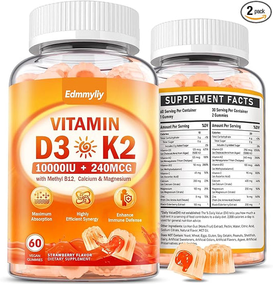 Vitamin D3 Supplement 10000IU for Adult - Vitamin D3 5000IU / 10000IU Gummies with K2, Methyl B12, Calcium, Magnesium, Zinc and Elderberry for Women & Men - Sugar-Free, Vegan Vitamin D Gummies