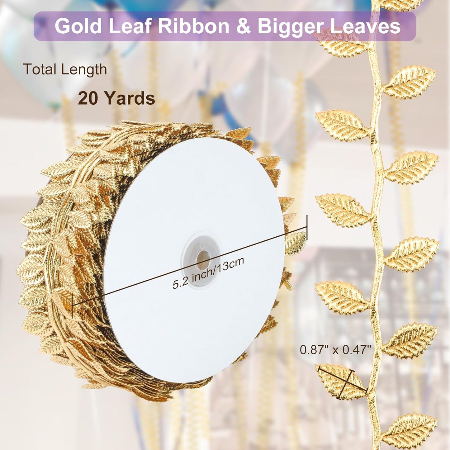 Naidiler Gold Leaf Ribbon, 20 Yards Artificial Gold Leaf Trim for DIY Crafts, Wrapping, Wedding Cake Baby Shower Party Wreath Garland Hair & Clothes Home Décor