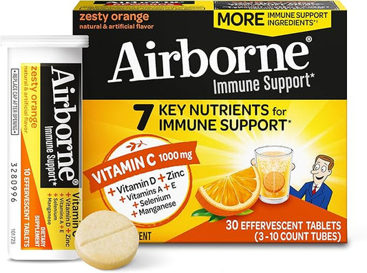 Airborne 1000mg Vitamin C with Vitamin D & Zinc, Sugar Free Multivitamin Immune Support Supplement, Antioxidants Vitamins A C & Vitamin E, 30 Effervescent Tablets, Zesty Orange Flavor