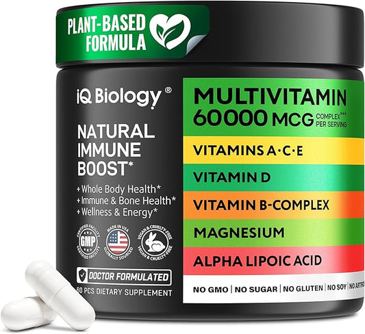 Daily Multivitamin for Energy & Immune Support - Zinc, Vitamins A B6 B12 C D E, Biotin, Lutein, Folate, Folic Acid, Selenium, Copper, Calcium 25mg - Multimineral Supplement for Women Men, 60 Capsules