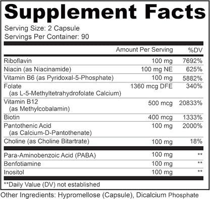 LIVELY VITAMIN CO. Busy Bee - Highly Bioavailable Vitamin B Complex with Choline - Energy - Stress - Brain Fog - Mental Clarity - Oxidative Damage - Dairy Soy Gluten Free - 180 Vegan Capsules