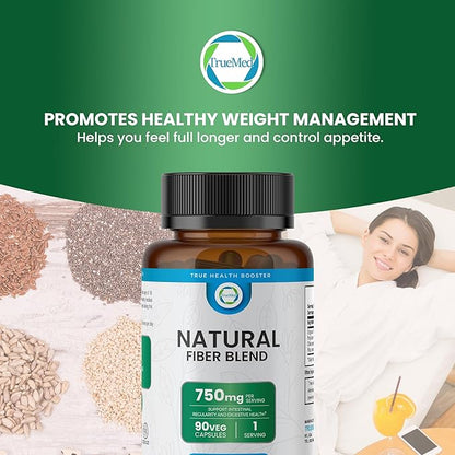 Natural Fiber Blend Supplement - Promotes Digestive Health, Cholesterol Balance, Cardiovascular Wellness - Psyllium Husk, Chia Seed, Flax Seed - 750mg Organic Fiber Blend