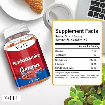 Benfotiamine 320mg Gummies with 45mg L-Leucine Supplement: Essential Vitamin B1 Complex for Men and Women, Non-GMO, Vegan & Gluten-Free - Supports Metabolism, Energy & Nervous System Health