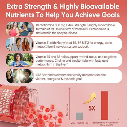 Vitamin B1 & Methylated Vitamin B Complex Gummies - All B Vitamins, Benfotiamine, Thiamine & Inositol, Methylated B1 B2 B6 Multivitamins, L-methylfolate, Methyl B12 for Nerve Cognition Energy, 60 Cts