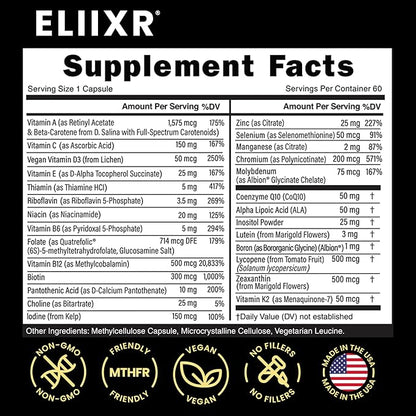 Eliixr Methylated Multivitamin Supplement for Men and Women with Active Methyl B12 and 5-MTHF Methylfolate 60 Vegetable Capsules Iron Free Made in The USA