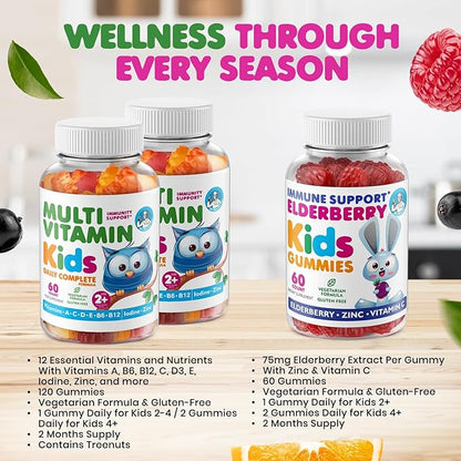 DR. MORITZ Elderberry Gummies for Kids (60 Count) and Kids Multivitamin Gummies Bundle (120 Count, 2 Pack) - for Children’s Immune Support and Overall Health - Toddler Vitamins Supplement