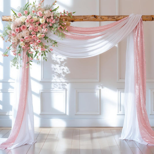 Wedding Arch Draping Fabric, 1 Panel 28" x19ft White Arch Drapes & 1 Panel 16" x19ft Rose Gold Sequin Fabric Drapes Arbor Backdrop Curtain for Wedding Arch Ceremony Bridal Shower Reception