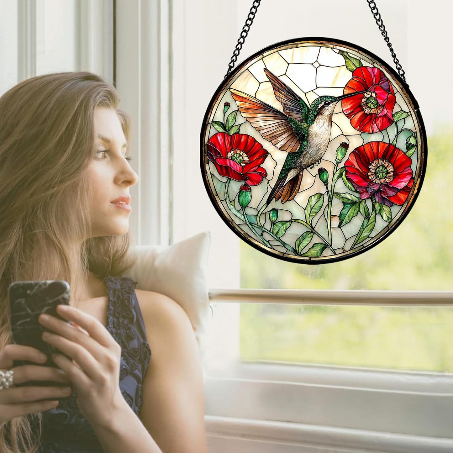 Stained Glass Window Hanging - Green Hummingbird Red Flower Suncatcher for Door Terrace Garden Home Decor Bird Landscape Sun Catcher Birthday Gifts for Lovers Women Men Dad Mom Nana 9.8 in