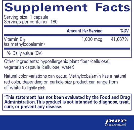 Pure Encapsulations Methylcobalamin 1,000 mcg - Vitamin B12 Supplement to Support Memory & Nerve Health - Premium Vitamin B12 Capsules - 180 Capsules