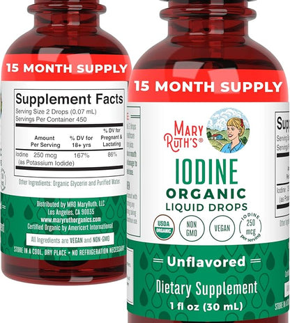 MaryRuth Organics Iodine Liquid Drops | Potassium Iodide | 1 Year Supply | 450 Servings | Thyroid Health | USDA Organic| Vegan | Non-GMO | Gluten Free | 1 Fl Oz