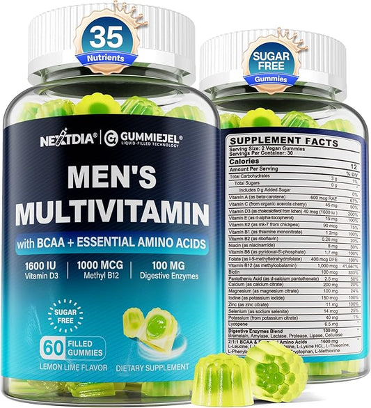 Methylated Multivitamin for Men Gummies, BCAA Amino Acids, Zinc, Daily Vitamin A C D3 E K2 B Complex, Calcium, Magnesium, Lycopene, Digestive Enzymes - Energy, Immune, Muscle- Sugar Free, Vegan, 60Cts