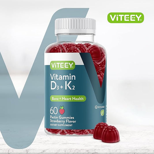 VITEEY Vitamin D3 K2 Gummies - 1000 IU Vitamin D3 and K2 100mcg - Bone & Heart Health for Adults and Teens - Vegetarian, Gelatin Free, GMO Free - Tasty Chewable D3K2 Vitamins Strawberry Flavored Gummy