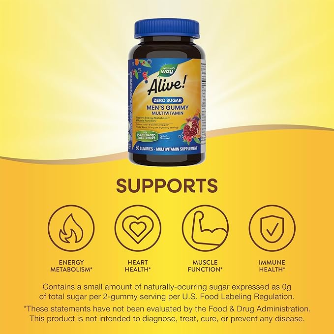 Nature's Way Alive! Zero Sugar Men's Gummy Multivitamins, Energy Metabolism*, Muscle Function*, B-Vitamins, No Sugar Alcohols, Plant-Based Sweeteners, Peach Flavored, 80 Gummies