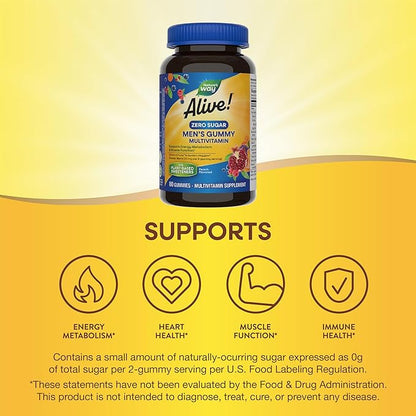Nature's Way Alive! Zero Sugar Men's Gummy Multivitamins, Energy Metabolism*, Muscle Function*, B-Vitamins, No Sugar Alcohols, Plant-Based Sweeteners, Peach Flavored, 80 Gummies