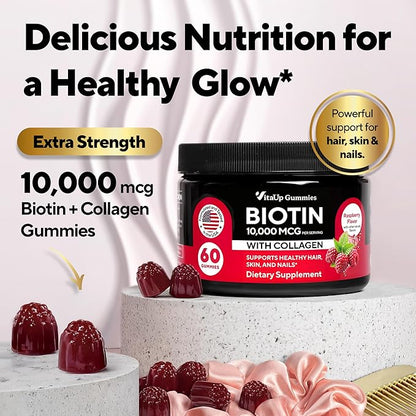 Biotin Gummies 10000mcg for Women and Men - Extra Strength Hair, Skin and Nails Gummies with Collagen - Natural Biotin Gummy Supplement for Hair, Skin, Nails Support - 60 ct