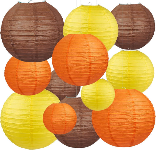 12Pcs Fall Paper Lanterns, Various Sizes (6" 8" 10" 12") Hanging Yellow Orange and Brown Paper Lanterns for Baby Shower Bridal Shower Wedding Birthday Thanksgiving Fall Party Decorations