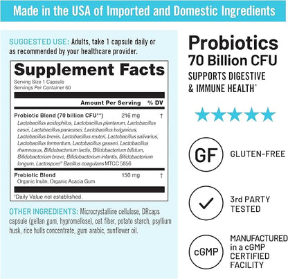 NatureWise Probiotics 70 Billion CFU - 17 Strains + Organic Prebiotics - Immune, Digestive & Gut Health Support for Women & Men - Vegetarian, Gluten-Free, Non-GMO - 60 Capsules[2-Month Supply]