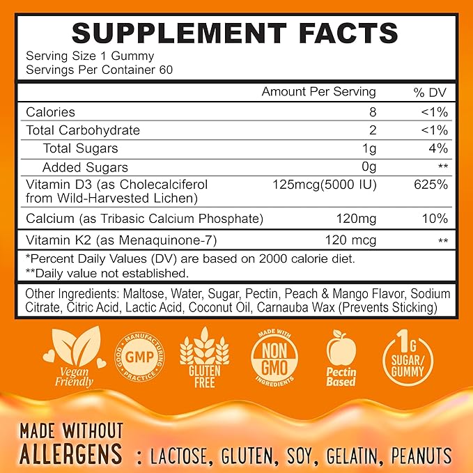Center-Filled Vitamin D3 K2 Gummies - Kids, Teens & Adults - Supplement for Healthy Teeth, Bone, Energy & Immunity - 5000 IU D3, 120 mcg K2(MK-7), 120 mg Calcium - Vegan & Non-GMO - 60 Count