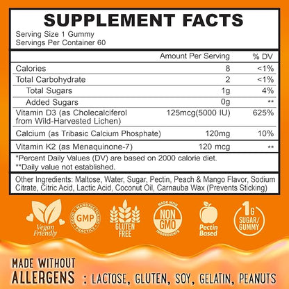 Center-Filled Vitamin D3 K2 Gummies - Kids, Teens & Adults - Supplement for Healthy Teeth, Bone, Energy & Immunity - 5000 IU D3, 120 mcg K2(MK-7), 120 mg Calcium - Vegan & Non-GMO - 60 Count