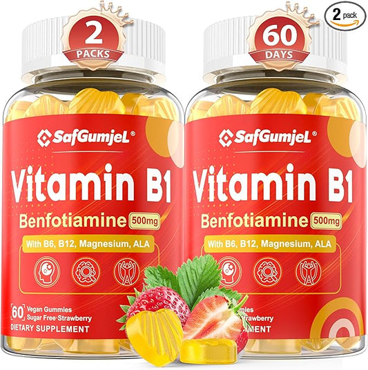 Vitamin B1 Gummies - Benfotiamine 500mg, Vitamin B1 B6 B12 Complex, Sugar Free, Non GMO, Vegan, 120 Counts