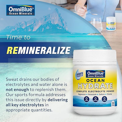 OceanHydrate Sports-Complete Electrolyte Powder |1500mg Chloride Electrolytes, 440mg Sodium, 375mg Potassium, 194mg Magnesium | Zero Calories, Zero Sugar | Keto and Paleo Supportive | 3.7oz