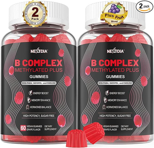Brain & Mood Support Gummies, Super Vitamin B Complex for Men & Women, All B Vitamin B1 B2 B3 B5 B6 B7 B9 MethyB12 with PABA, Inositol, Choline, Supports MTHFR Gene & Energy, Vegan, 120Ct