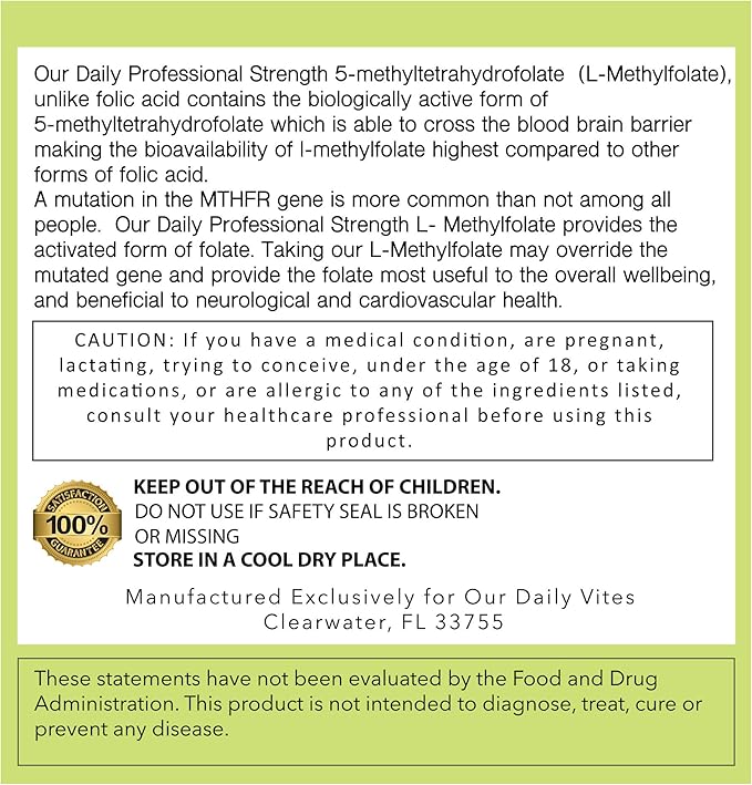 Our Daily Vites L-Methylfolate 1mg / 1000 mcg Maximum Strength Active Folate, 5-MTHF, Filler Free, Gluten Free, Non-GMO, Vegetarian Capsules 90 Count (Pack of 1)