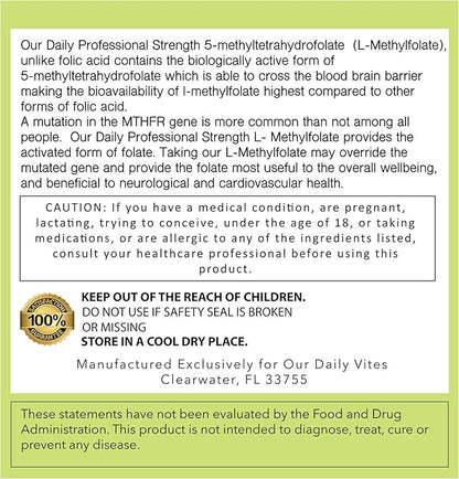 Our Daily Vites L-Methylfolate 1mg / 1000 mcg Maximum Strength Active Folate, 5-MTHF, Filler Free, Gluten Free, Non-GMO, Vegetarian Capsules 90 Count (Pack of 1)