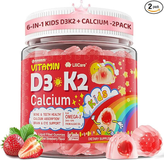 Vitamin D3 K2 + Calcium Liquid-filled Gummies for Kids & Teens, 1000IU/2000IU D3 with Magnesium, Algal Omega 3, Vitamin for Kids for Bones & Teeth, Calcium Absorption, Brain, Immunity,Sugar-Free,2Pack