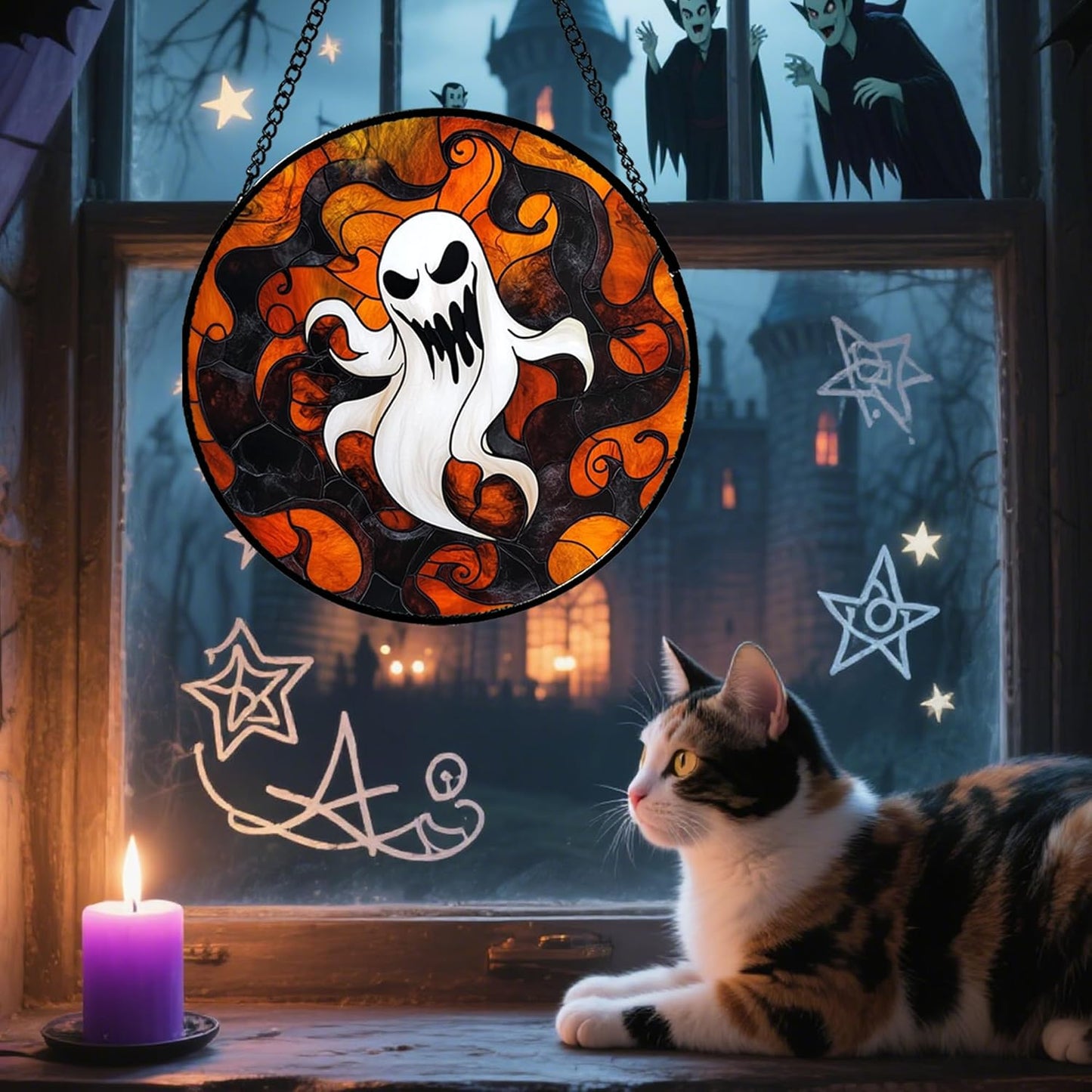 Stained Glass Window Hanging - Halloween White Ghost Suncatcher for Doors Window Garden Indoor Spooky Funny Orange Sun Catchers Gothic Decor Horror Gifts for Women Men Friend 7.8 in