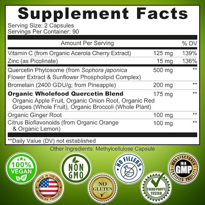Quercetin with Bromelain Vitamin C and Zinc Enriched with Organic Whole Foods - 1215mg per Serving - Quercetin Phytosome 500mg Capsules with Ginger and Flavonoids for Immune Support - 180 Count