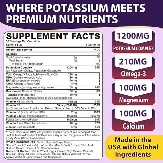 Potassium Citrate and Potassium Gluconate Supplement, 1200mg Two Forms of Potassium Gummies, w/Magnesium, Omega-3, Calcium, Vitamin D3 K2 B12 E B6, Folate for Muscles, Nerves, Health Bones, 120Cts