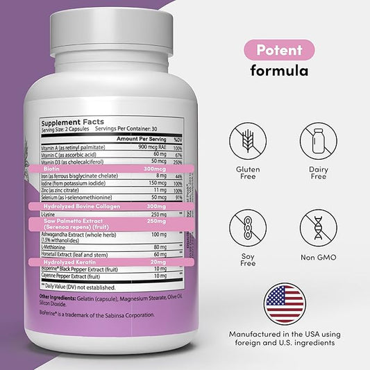Hair Peak - Hair Growth Supplement - Hair Vitamins to Support Healthy Hair - with Biotin, Collagen, Saw Palmetto Extract, Keratin, Iron, Ionide, Zinc & More - Gluten Free, Dairy Free - 60 Capsules