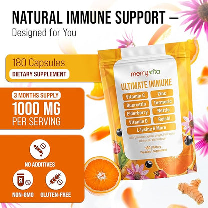 Liposomal Vitamin C 1000mg - Immune Support Supplement with Zinc, Rose HIPS, Elderberry, Quercetin, Bioflavonoids - Natural, Vegan, Non-GMO - 180 Capsules