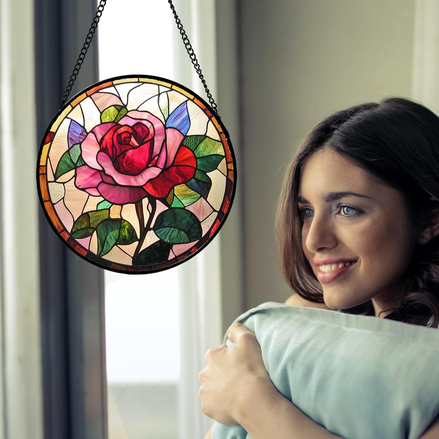 Stained Glass Window Hanging - Pink Rose Suncatcher for Door Garden Home Decor Birth Flower Sun Catcher Christmas Birthday for Friend Lovers Women Mom Nana 7.8 in