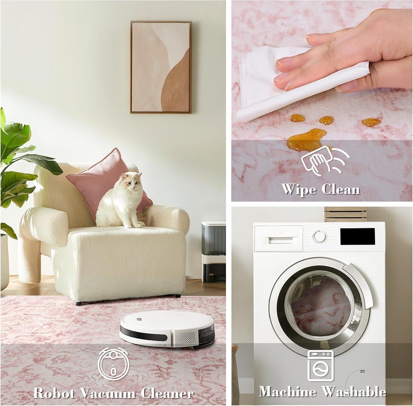 Pink Area Rugs 7x9 for Living Room, Washable Vintage Rugs for Bedroom, Distressed Throw Rug, Non Slip Rug Carpet for Bedroom Dining