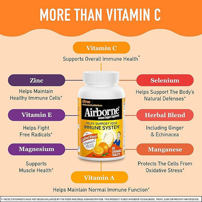 Airborne Vitamin C 1000mg (per Serving) - Citrus Chewable Tablets (96 Count in a Box) - Packaging May Vary