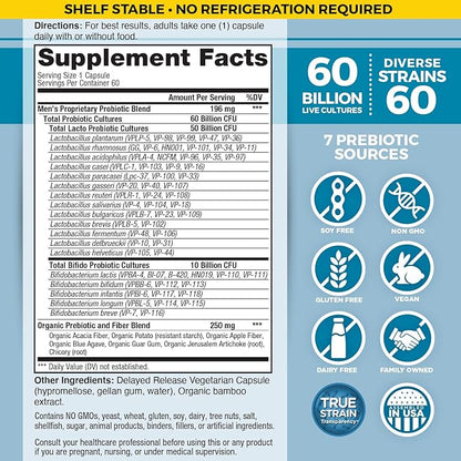 Vital Planet - Vital Flora Probiotics for Men, 60 Billion CFU, 60 Diverse Strains, 7 Organic Prebiotics, Men’s Daily Shelf Stable Probiotic for Immune Support, Gas Relief, Digestive Health 60 Capsules