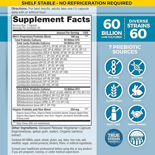 Vital Planet - Vital Flora Probiotics for Men, 60 Billion CFU, 60 Diverse Strains, 7 Organic Prebiotics, Men’s Daily Shelf Stable Probiotic for Immune Support, Gas Relief, Digestive Health 60 Capsules