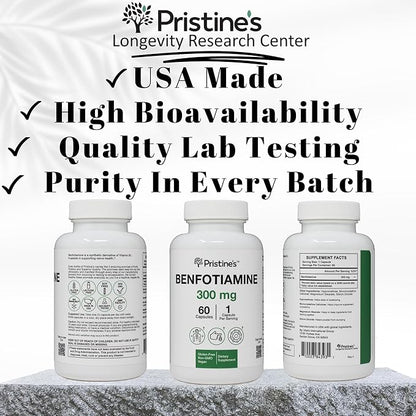 PRISTINE'S Benfotiamine 300mg High Bioavailability Nerve Support Supplement - 60 Day Supply - Fat Soluble Vitamin B1 Supplements - Vegan - Non-GMO