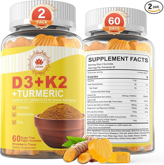 Vitamin D3 K2 Gummies & Turmeric for Women & Men, Vitamin D3 5000IU / 10000IU, K2 (MK-7) 200mcg Supplements with Turmeric 1200mg, Calcium, Magnesium, Zinc, Supports Bone, Teeth, Muscle & Immune, 2PACK